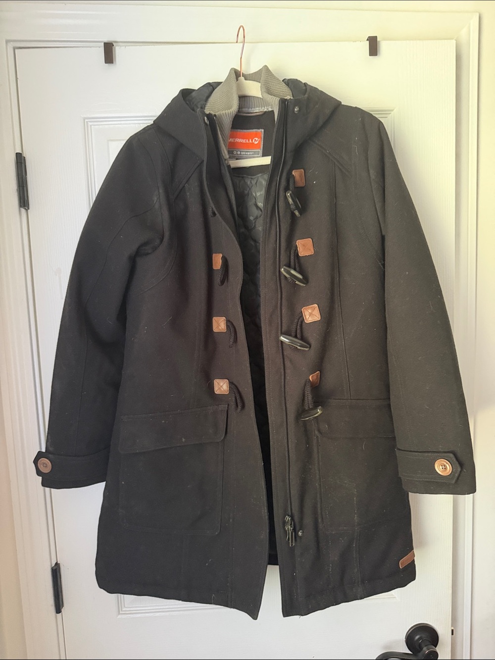 Merrell Black Hooded Toggle Peacoat with Brown Accents
